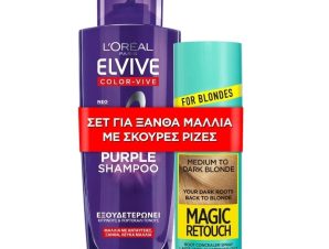 Set For Blond Hair With White Roots Elvive Purple Shampoo & Magic Retouch 4 Dark Blond